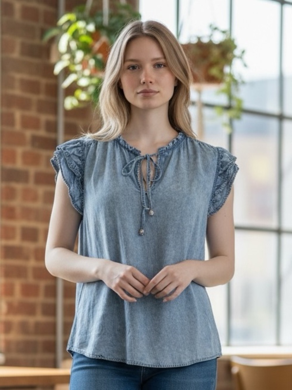 Jane and DeLancey Light Blue Ruffle Tie-Neck Women's Top XL